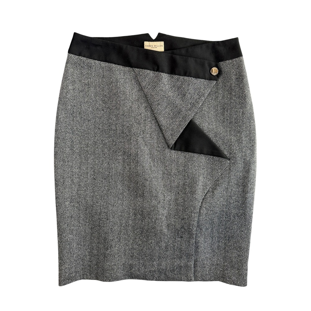 Karen Millen Pencil Skirt Womens 6 Gray Herringbone Wool Silk Origami Asymmetric